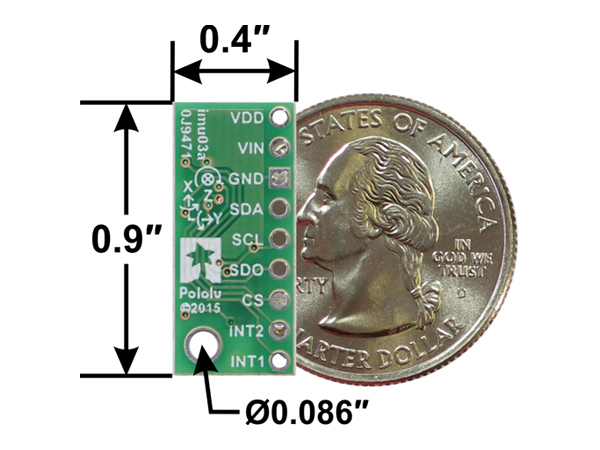 디바이스마트,MCU보드/전자키트 > 센서모듈 > IMU/AHRS(9축 이상),Pololu,LSM6DS33 3D Accelerometer and Gyro Carrier with Voltage Regulator #2736,sensitivities can be set in the ranges of ±2 g to ±16 g and ±125°/s to ±2000°/s, available through I²C and SPI interfaces.