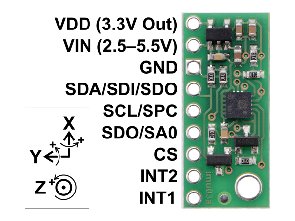 디바이스마트,MCU보드/전자키트 > 센서모듈 > IMU/AHRS(9축 이상),Pololu,LSM6DS33 3D Accelerometer and Gyro Carrier with Voltage Regulator #2736,sensitivities can be set in the ranges of ±2 g to ±16 g and ±125°/s to ±2000°/s, available through I²C and SPI interfaces.