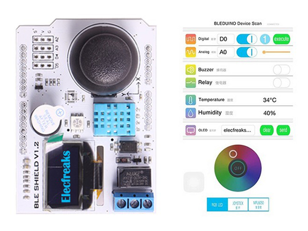 디바이스마트,오픈소스/코딩교육 > 아두이노 > 아두이노 호환쉴드,ELECFREAKS,BLE 확장 개발 실드 BLE Development Shield [EF02222],BLEduino 제품용 확장 개발실드 / OLED 스크린, 부저, 온습도센서, 릴레이, RGB LED, Helical Potentiometer, 조이스틱 등 내장 / 75 x 75mm 