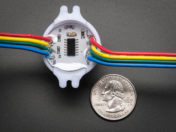 디바이스마트,LED/LCD > LED 인테리어조명 > 장식용 LED,Adafruit,30mm Dots - 12V Digital RGB LED Pixels (Strand of 20) - WS2801 [ada-1547],12mm 지름, 38mm 높이의 RGB LED 픽셀입니다. 4개의 컨덕터 케이블로 연결되어 있으며 한 묶음당 25개의 LED로 구성되어있습니다.