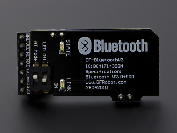디바이스마트,오픈소스/코딩교육 > 아두이노 > 통신모듈,DFROBOT,아두이노 블루투스 모듈 V3 Bluetooth 2.0 Module V3 For Arduino [TEL0026],검색 및 연결 상태를 LED 로 표시하여 쉽게 블루투스의 상태를 확인 할 수 있습니다.  동작주파수 : 2.4 ~ 2.48GHz unlicensed ISM band 입력전압 : +3.5 V ~ +8 V DC and 3.3V DC/50mA