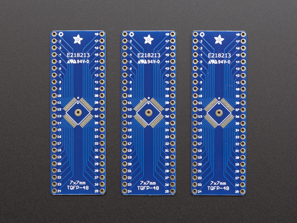 디바이스마트,커넥터/PCB > PCB기판/관련상품 > IC 변환기판 > TQFP 변환기판,Adafruit,SMT Breakout PCB for 48-QFN or 48-TQFP - 3 Pack! [ada-1377],각각의 사이드에 48-QFN, 48-QFN이 뚫려있습니다.