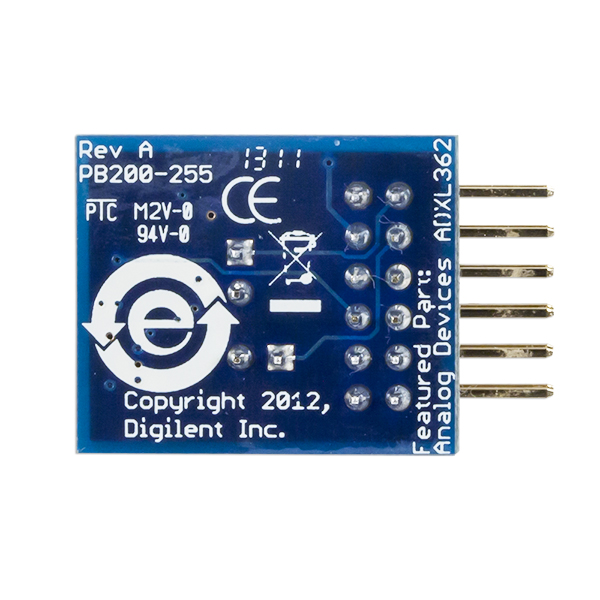 디바이스마트,MCU보드/전자키트 > 프로세서/개발보드 > Digilent > Pmod Modules,Digilent,PmodACL2: 3-axis MEMS Accelerometer 410-255,410-255 / Analog Devices ADXL362 기반 3축 가속도센서 모듈 / 1축당 최대 12비트 해상도 / 2.5 cm × 2.0cm