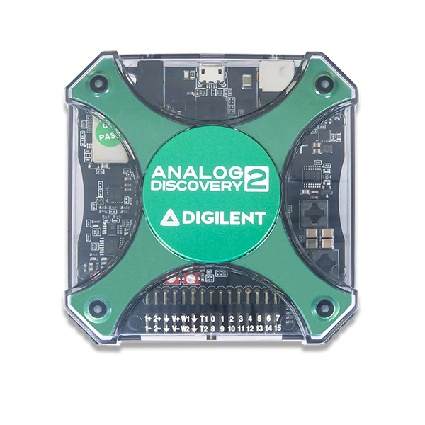 디바이스마트,MCU보드/전자키트 > 개발용 장비 > 아날라이저,Digilent,Analog Discovery 2: 100MS/s USB Oscilloscope, Logic Analyzer and Variable Power Supply 410-321,410-321 / 2채널 디지털 USB 오실로스코프(1MΩ, ±25V, 14bit, 100MS/s, 30MHz+ 대역폭 - BNC Adapter Board 장착 시), 2채널 펑션 제너레이터 (±5V, 14bit, 100MS/s, 12MHz+ 대역폭 - BNC Adapter Board 장착 시), 로직 분석기, 다용도 전원 공급기 / 휴대가 간편한 사이즈로 연구용, 취미용, 각종 장비 분석에 활용할 수 있는 강력한 성능을 제공