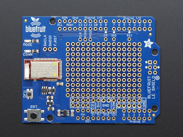 디바이스마트,MCU보드/전자키트 > 통신/네트워크 > 블루투스/BLE,Adafruit,Adafruit Bluefruit LE Shield - Bluetooth LE for Arduino [ada-2746],아두이노와 스마트폰 연결을 위한 블루투스 저에너지 쉴드 /  iOS App  또는 Android App을 사용해 프로토타입화 가능