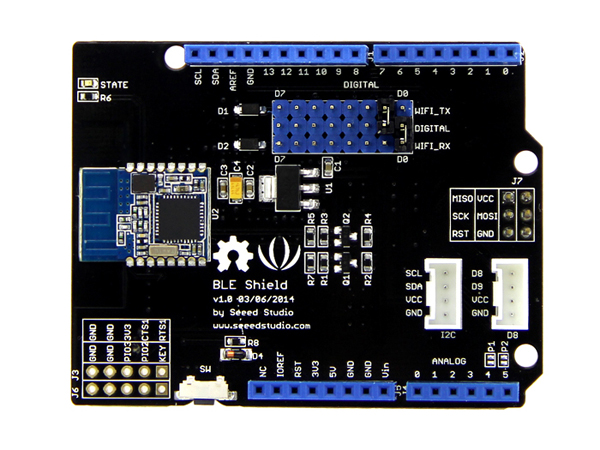 디바이스마트,오픈소스/코딩교육 > 아두이노 > 아두이노 호환쉴드,Seeedstudio,Seeed BLE Shield [113030013],아두이노(Arduino) 에 연결하여 시리얼 블루투스 4.0 BLE 기능을 사용할 수 있는 HM-11 BLE 모듈을 탑재한 쉴드