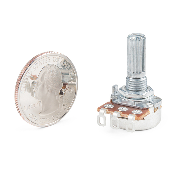 디바이스마트,RLC/수동소자 > (R) 저항 > 가변저항(포텐셔미터) > 로타리 포텐셔미터,SparkFun,스파크펀 로터리 포텐쇼미터 Rotary Potentiometer - 100k Ohm, Linear (Panel Mount) [COM-14622],100K옴 / 패널 장착된 100k 옴 리니어 회전 포텐쇼미터로 다이얼을 돌리면 저항이 바뀜 / VCC를 외부 핀에, GND를 다른 쪽 GND에 연결하면 중앙 핀의 전압은 포트의 회전에 따라 0에서 VCC까지 변함