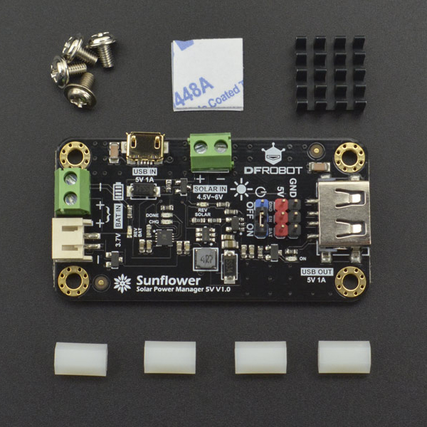 디바이스마트,MCU보드/전자키트 > 전원/신호/저장/응용 > 태양열/태양추적,DFROBOT,Sunflower: 5V 솔라 파워 모듈 [DFR0559],Sunflower는 DFRobot의 저전력 애플리케이션 및 IoT 프로젝트를위한 고효율 소형 전력 태양 에너지 관리에 중점을 둔 새로운 시리즈 입니다. 이 모듈은 5V 태양 전지판 용으로 설계된 소형 전력 및 고효율 태양열 관리 모듈입니다.