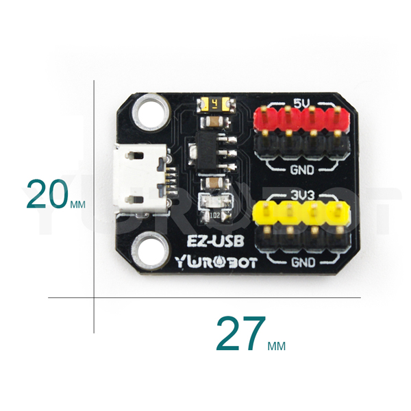 디바이스마트,MCU보드/전자키트 > 전원/신호/저장/응용 > 레벨컨버터/전압관리,YwRobot,Micro 5P to 3.3V/5V 핀헤더(M) 전원 공급 모듈 [PWR070803],칩: 1117 전압 레귤레이터 / 입력 전압: 5V (USB) / 출력 전압: 3.3V (500mA) 5V (500mA) / 보조배터리 또는 PC를 통해 micro5P 입력을 3.3V, 5V 핀헤더 출력으로 변환 / 사이즈: 27 * 20mm