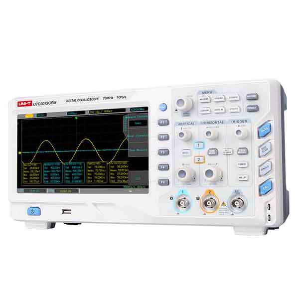 디바이스마트,계측기/측정공구 > 전기/전자 계측기 > 오실로스코프,UNI-T,디지털 스토리지 오실로스코프 UTD2072CEM,8인치, 800×480 고해상도 디스플레이, 1GS/s 샘플링 속도, 20,000wfms/s 파형 캡처 속도, 32Mpts 메모리 깊이, 다양한 트리거 유형을 갖춘 경제적인 벤치 탑 디지털 스토리지 오실로스코프로서 일반 신호 측정에 더 적합합니다