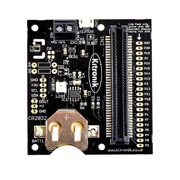 디바이스마트,오픈소스/코딩교육 > Micro:Bit > 마이크로비트 확장/변환보드,Kitronik,마이크로:비트 실시간 클록 보드 RTC Board [KIT-5635],마이크로:비트용 실시간 시계 보드 / 마이크로:비트 보드에 실시간 시계 기능 추가 가능