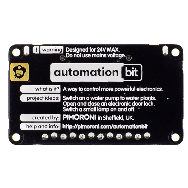 디바이스마트,오픈소스/코딩교육 > Micro:Bit > 마이크로비트 확장/변환보드,Pimoroni,automation:bit [PIM371],[마이크로:비트용] 최대 24V의 아날로그 및 디지털 입력, 출력 및 릴레이 내장, 가정에서 저전압으로 자동화 시스템 가능  ※24V이상 사용을 금합니다.