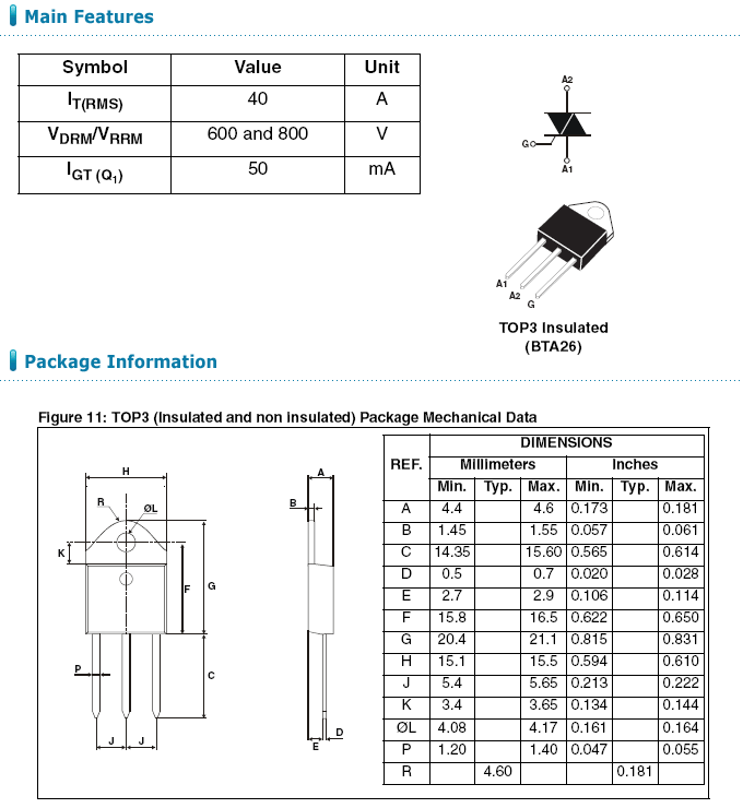 Componente Elettronico Potenza Triac BTA41-600B 600V 40A TO-3P - Foto 3