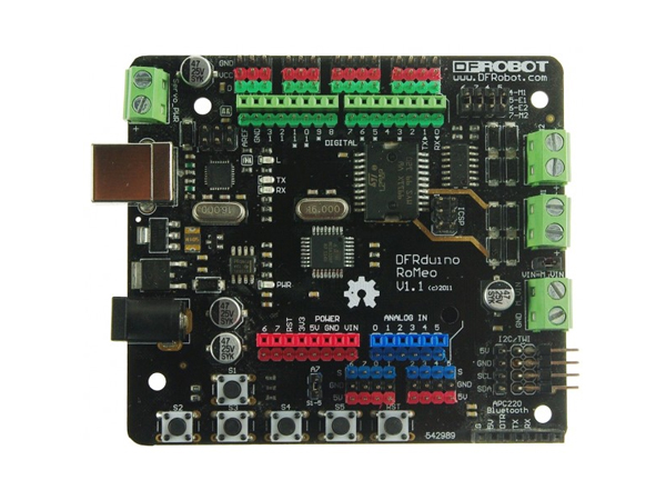 디바이스마트,오픈소스/코딩교육 > 아두이노 > 아두이노 호환보드,DFROBOT,Romeo-All in one Controller [DFR0004],Romeo -All 보드는 아두이노 호환 컨트롤러 보드로 특히 DFRobot에서 로봇 애플리케이션을 위해 설계된 모든 기능을 사용할수 있는 마이크로 컨트롤러입니다
