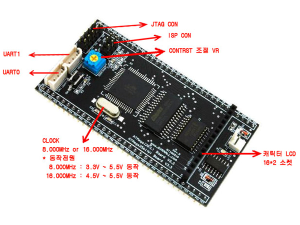 디바이스마트,MCU보드/전자키트 > 프로세서/개발보드 > AVR > ATMEGA128,AVRMALL,[NER-1046] ATmega128 Board V3.3 (16MHz/DC5V용),ATmega128A-AU or ATmega128-16AU 장착,ATmega128의 1열 확장 보드, 32K 램확장, LCD회로 및 통신칩내장