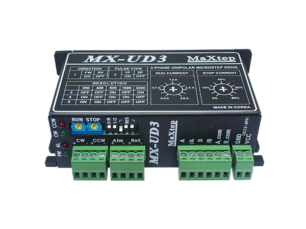 디바이스마트,기계/제어/로봇/모터 > 모터드라이버 > 스테핑모터 드라이버 > 유니폴라용,,스테핑모터드라이버(MX-UD3),2상 유니폴라 드라이버 고출력(3A) 고성능 드라이버 / 2 Phase Uni-polar / 전압 : DC12V ~ 40V / Resolution(분해능) : 3200 최대(Max.) / 역전압방지 / 주파수 : 200Khz(Duty 50%) Max.