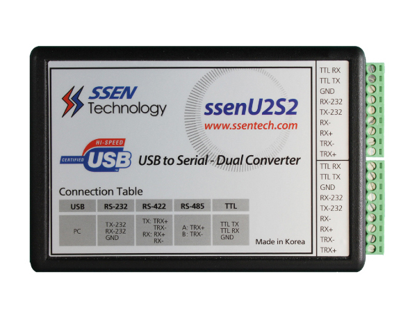 디바이스마트,MCU보드/전자키트 > 개발용 장비 > USB/RS232/RS485 컨버터,쎈테크놀로지,USB to Serial-Dual Converter(ssenU2S2),ssenU2S2는 USB 포트를 통해 시리얼 포트를 사용 할 수 있도록 지원하는 USB to Serial Converter 입니다.