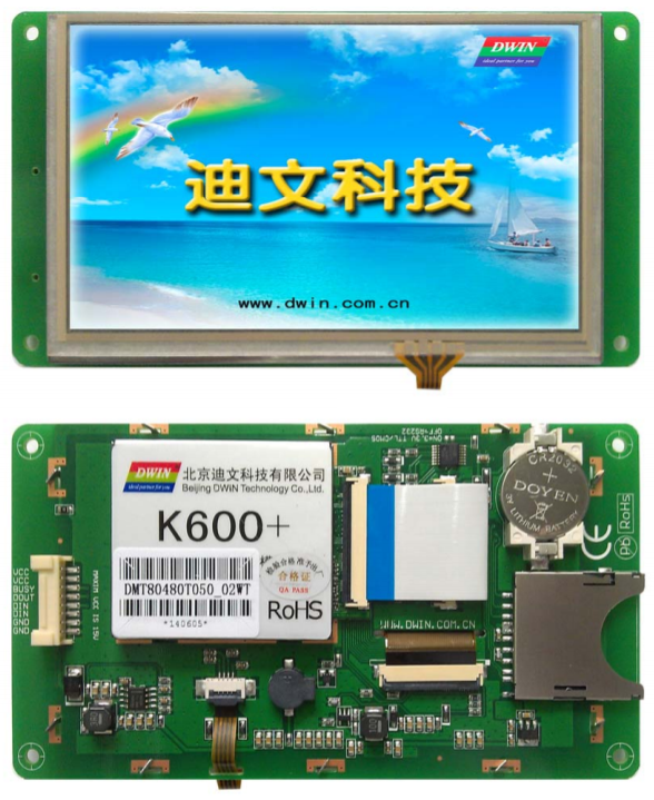 디바이스마트,LED/LCD > LCD COLOR > 칼라터치 LCD패널 > 6인치 컬러터치 LCD패널,DWIN,［DWIN] DMT80480T050_02WT ( 5.0인치 DGUS 간편 프로그램, UART LCD 일체형 모듈 ),5.0인치 4선 저항막 터치 스크린, Sunlight LCD, 16:9, 800x480, DGUS 프로그램, 65K Color, 전압[V] 12(6~15), 전류[mA] 260mA@12V, 온도[C] -20/+70, 폰트 32MB, 그림 저장 256MB/278pcs, 56KB RAM, 3.3V TTL/CMOS, RS232 인터페이스, SD Card로 그림 파일 다운 로드, RTC, 부저 기능, 산업용