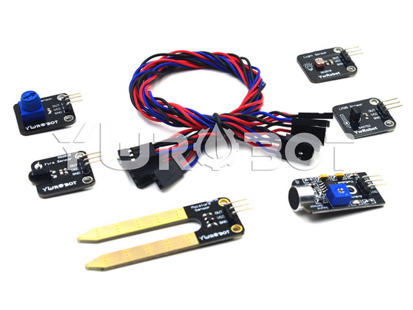 디바이스마트,오픈소스/코딩교육 > 아두이노 > 아두이노 교육용키트,YwRobot,아두이노 기본 센서모듈 키트 [KIT040106],아두이노에 기본적으로 많이 쓰이는 센서모듈 6종+ 연결케이블 세트상품 입니다. 조도센서, LM35온도센서, 사운드센서, 불꽃센서, 가변저항모듈, 토양수분센서, 센서케이블 6개 로 구성되어 있습니다.