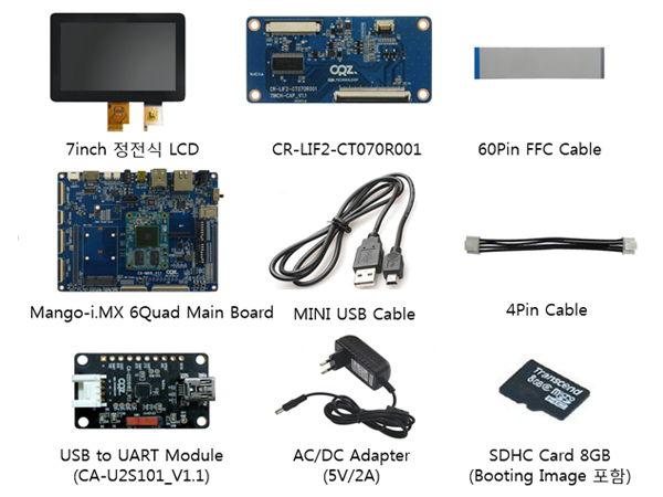 디바이스마트,MCU보드/전자키트 > 디스플레이 > LCD/OLED,(주)씨알지테크놀러지,Mango-IMX6Q 7inch 정전식 LCD Start Kit,7inch 정전식 LCD Start Kit / I.MX 6Quad Processor 1Ghz / 2GB DDR3 SDRAM / Power : DC-JACK 5V 2A / Expansion connector (60x1) : EBI, UART, I2C, GPIO etc