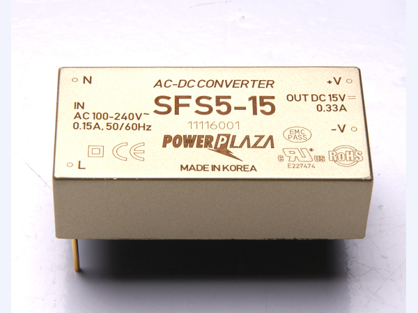 디바이스마트,전원/파워/배터리 > SMPS > On-Board 타입 > 1채널 (Single),Power Plaza,SFS5-15,On board 타입 1채널 5W SMPS / 출력전압 : 15V / 출력전류 : 330mA / 입력전압 : AC 85~264V / 변환효율 : 77% / Power Plaza