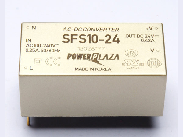 디바이스마트,전원/파워/배터리 > SMPS > On-Board 타입 > 1채널 (Single),Power Plaza,SFS10-24,On board 타입 1채널 10W SMPS / 출력전압 : 24V / 출력전류 : 420mA / 입력전압 : AC 85~264V / 변환효율 : 80% / Power Plaza