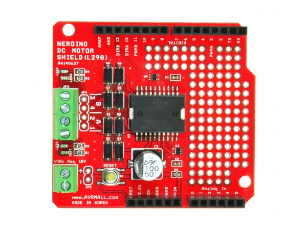 디바이스마트,기계/제어/로봇/모터 > 모터드라이버,AVRMALL,DCMOT-SHIELD-L298 (NER-12330),아두이노보드의 DC모터드라이버쉴드 / 두개의 DC모터를 제어할 수 있는 아두이노모터쉴드입니다.