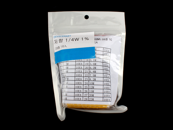 디바이스마트,RLC/수동소자 > 엔지니어 샘플키트 > 저항 키트 > 막대저항 키트,NT-KIT,1/4W 1% 고용량 저항 (1M~22M) 28종 키트 [NT-KIT-R006],불황에 맞서다!  NT-봉지키트 시리즈. 간편한 비닐 포장으로 가격 거품을 뺀 저가형 키트입니다. 1메가옴 이상의 높은 저항값만 모은 실속 키트 입니다.