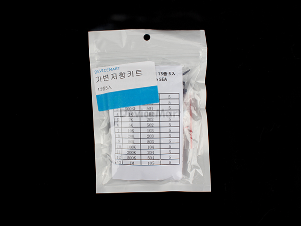 디바이스마트,RLC/수동소자 > 엔지니어 샘플키트 > 저항 키트 > 가변저항 키트,NT-KIT,RM065 가변저항 13종 키트 [NT-KIT-R010],불황에 맞서다!  NT-봉지키트 시리즈. 간편한 비닐 포장으로 가격 거품을 뺀 저가형 키트입니다. RM065시리즈 가변저항 100옴~ 1M옴 13종 각 5개씩 구성된 키트입니다.