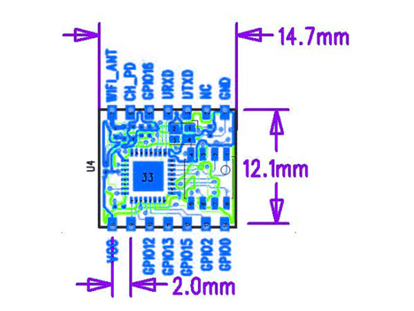 디바이스마트,MCU보드/전자키트 > 통신/네트워크 > 와이파이,SZH,ESP8266 시리얼 와이파이 모듈 ESP-04 [SZH-WFBB-043],Espressif ESP8266 ESP-04 / UART AT command / 2x7 SMD pin header (2mm pitch) / 크기 : 12.5 * 14.5mm / 주의 : 3.3V(최소 300mA 이상)로만 작동