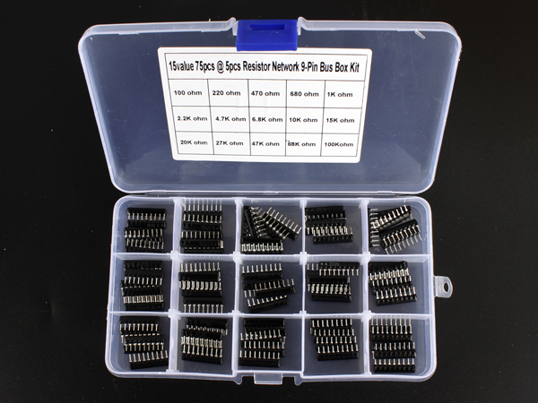 디바이스마트,RLC/수동소자 > 엔지니어 샘플키트 > 저항 키트 > 써미스터/기타 저항 키트,NT-KIT,DIP 타입 어레이 저항 키트 15종 [NT-KIT-R013],불황에 맞서는 저렴한 실속키트. 9핀 어레이 저항 키트 입니다. 용량값별로 5개씩 구성되어 있습니다.