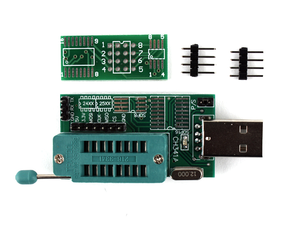 디바이스마트,MCU보드/전자키트 > 개발용 장비 > 롬라이터/데이터로거,SZH,CH341A 24 25 시리즈 USB 롬라이터/프로그래머 [SZH-RWBE-028],CH341A 칩셋 기반 USB ROM Up Programmer / 고장난 메인보드나 타블렛의 강제 바이오스 롬 업그레이드 등에 활용할 수 있습니다 (사용 방법을 아시는 분께만 추천합니다) / WIN98, WINME, WIN2K, WINXP, VISTA, WIN7 호환 가능 / 1 x Programmer, 1 x Adapter plate, 2 x DIP8