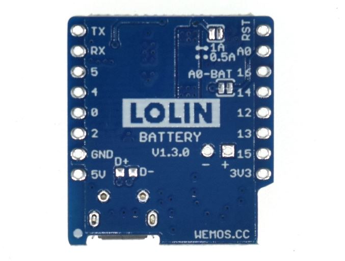 디바이스마트,오픈소스/코딩교육 > 파이썬/IoT 개발 보드 > WeMos > WeMos 정품보드/모듈,WeMos,[정품] WeMos D1 Mini용 리튬 배터리 실드 Battery Shield V1.3.0,[기존 브랜드 Wemos가 공식적으로 LOLIN으로 변경되고있습니다.]  wemos.cc 공식 판매페이지에서 구매한 정품 / WeMos D1 Mini 제품군을 위한 리튬 배터리 실드(확장 보드) / 리튬배터리를 장착한 채로 충전(USB 포트) 가능 / 배터리 전압 : 3.3 ~ 4.2V / 커넥터 타입 : PH2-2.0mm / 충전 포트 : Micro5P, 5V / 납땜을 통해 0.5A 또는 1.0A로 전환 가능
