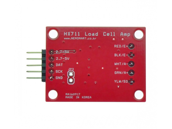디바이스마트,MCU보드/전자키트 > 센서모듈 > 기압/무게/로드셀/Flex > 압력/무게/로드셀,AVRMALL,HX711 Load Cell Amplifier (NER-16059),HX711 를 장착한 로드셀 앰프모듈입니다. 4선식 로드셀을 연결하여 사용 가능한 앰프로마이크로컨트롤러에서 로드셀을 쉽게 읽을 수 있습니다.