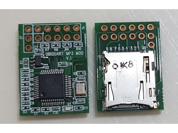 디바이스마트,MCU보드/전자키트 > 음악/앰프/녹음 > MP3/음악재생,유비쿼트,초소형 VS1003B mp3 모듈 (sdcard소켓 내장),하나의 PCB 모듈안에 CODEC IC, 주변회로, Micro Sdcard socket 장착으로 활용성을 높인 초소형 mp3 모듈입니다.