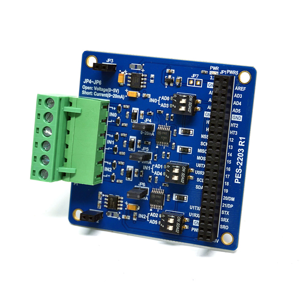 디바이스마트,MCU보드/전자키트 > 전원/신호/저장/응용 > 인터페이스/먹서,솔내시스템,[PES-2203(T)] 아날로그 입력 확장보드 T형 (PHPoC 보드용),PHPoC 보드에 장착하여 사용하는 제품으로 0~5V 또는 0~20mA 아날로그 입력이 가능한 확장보드입니다. 연결포트는 5mm pitch 터미널 블럭 형태입니다.