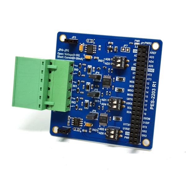 디바이스마트,MCU보드/전자키트 > 전원/신호/저장/응용 > 인터페이스/먹서,솔내시스템,[PES-2203(S)] 아날로그 입력 확장보드 S형 (PHPoC 보드용),PHPoC 보드에 장착하여 사용하는 제품으로 0~5V 또는 0~20mA 아날로그 입력이 가능한 확장보드입니다. 연결포트는 5mm pitch 터미널 블럭 형태입니다.