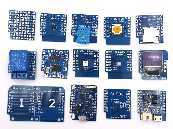 디바이스마트,오픈소스/코딩교육 > 파이썬/IoT 개발 보드 > WeMos > WeMos 정품/호환키트,SZH,WeMos D1 mini 개발용 호환 쉴드 15종 키트 [SZH-CH036],WeMos 호환실드 15종 키트 / ESP8266, DHT11 온습도, 릴레이, 모터, 배터리 등 출시된 거의 모든 위모스용 쉴드를 한 번에!