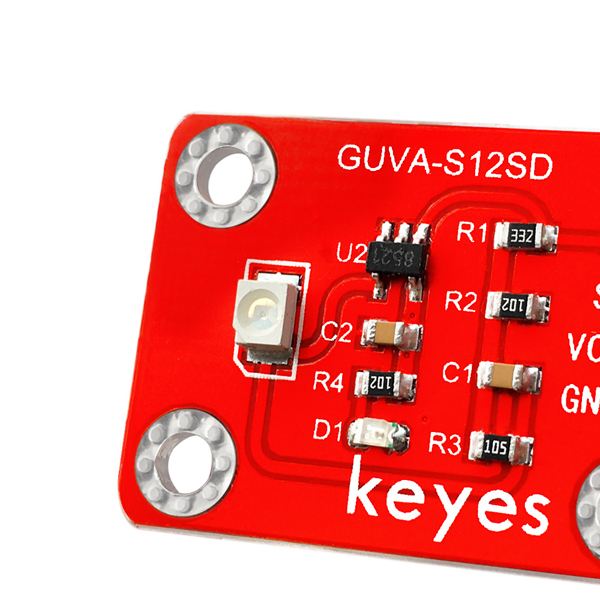 디바이스마트,MCU보드/전자키트 > 센서모듈 > 빛/조도/컬러/UV > 컬러/UV,KEYES,아두이노 GUVA-S12SD3528 UV센서 모듈 [KE0076],Working voltage: 3.3-5V (DC), Spectral detection range: 240-370nm, Responsiveness: 0.14A / W, Dark current: 1nA