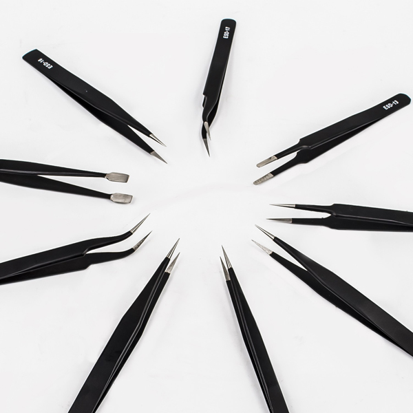 디바이스마트,수공구/전자공구/전동공구 > 전자공구 > 핀셋/IC흡착기/핀제거 > ESD그립 핀셋,SunFounder,9pcs ESD 정전기 방지 핀셋 키트 [CN0012],각각 다른 형태의 9개의 핀셋이 구성되어 있으며 각 핀셋은 정전기방지용 ESD 코팅으로 전기도금처리되어 있음 / 비자성체로 제작되어 부품이 달라붙지 않아 효율성 높음 / 정밀 장비, PCB, 전자제품 등의 유지 관리에 활용