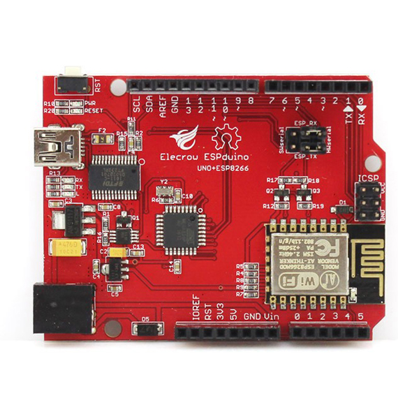 디바이스마트,오픈소스/코딩교육 > 아두이노 > 아두이노 호환보드,ELECROW,Elecrow ESPduino UNO+ESP8266 Wifi 보드 [ACM82664A],Arduino가 다른 장치로 데이터를 전송 / PWM, I/O핀,PC,전화의 직렬 통신 제어 / Arduino UNO와 직렬 WiFi가 결합되어 많은 IoT프로젝트에 적용 가능 / 전압: 7-12V