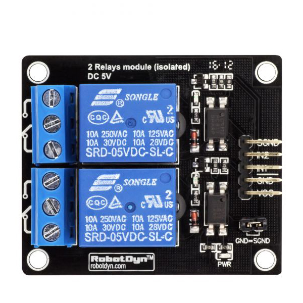 디바이스마트,오픈소스/코딩교육 > 아두이노 > 아두이노 스위치/릴레이모듈,RobotDyn,5V 2채널 릴레이모듈 [RD131],6970622931799, 2A 채널 (250VAC / 60VDC) 이상의 전류로 다양한 기기 및 기타 장비를 제어 할 수있는 2 채널 릴레이 모듈입니다.