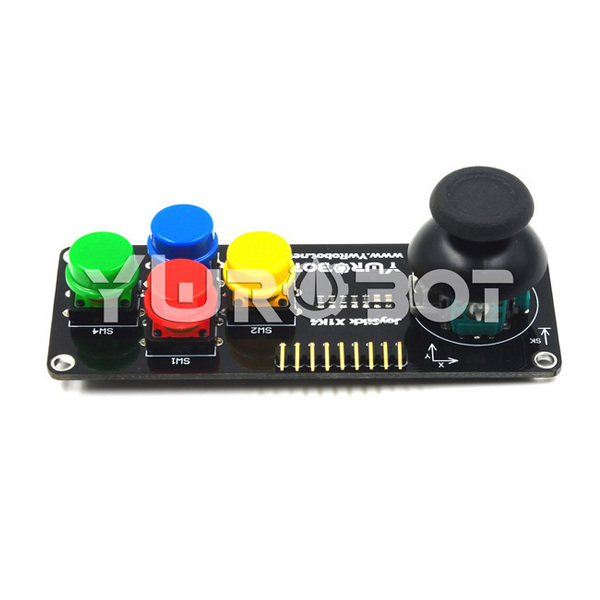 디바이스마트,MCU보드/전자키트 > 버튼/스위치/제어/RTC > 버튼/스위치/조이스틱,YwRobot,PS2 조이스틱 로커 버튼 모듈 [ELB070681],X축과 Y축은 2개의 포텐셔미터를 출력하며, AD 변환을 통해 비틀림 각도를 읽을 수 있습니다. / 4개의 독립 키 / 전압 : 3.3V, 5V / 사이즈: 90 * 34 * 28mm