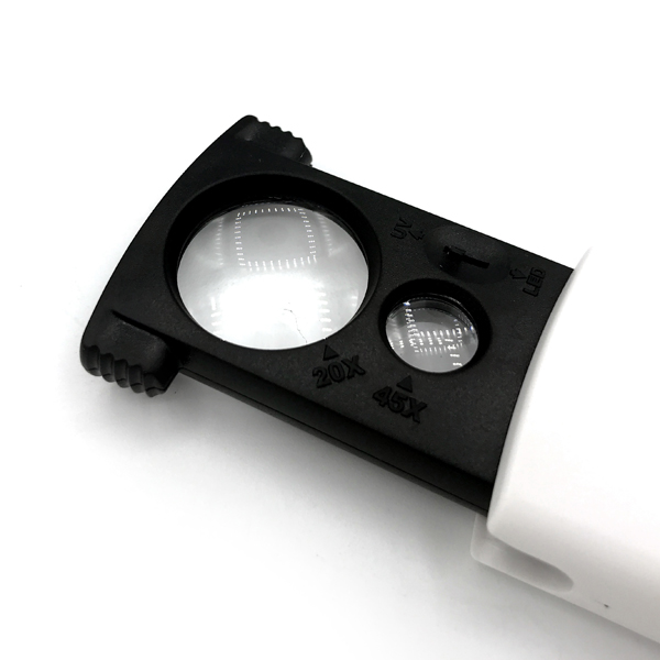 디바이스마트,수공구/전자공구/전동공구 > 전자공구 > 광학기기 > 루빼,NTY (중국),20배율/45배율 LED라이트 돋보기 확대경 루빼 루페 [NTY-YT001],자체조명으로 어두운 장소에서도 측정가능한 20배율/45배율 핸디형 루페입니다. 20배율 렌즈(21mm), 45배율 렌즈(9mm), LED 조명, UV 조명으로 구성되어있으며 LR1130 코인건전지 3개로 사용 가능합니다.