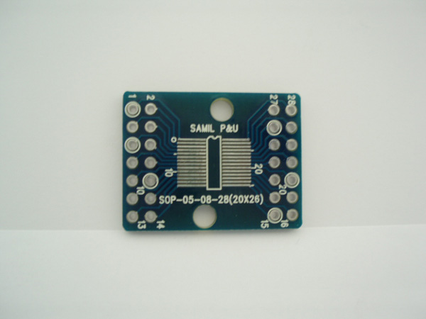 디바이스마트,커넥터/PCB > PCB기판/관련상품 > IC 변환기판 > SOP/TSOP,(주)삼일피엔유,SOP-05-(08-28),Type : SOP, Pitch : 0.5mm, Pin : 0.8~28, Holl : 2.54mm, Size : 20*26, 마무리 : 금도금