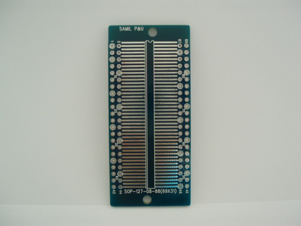 디바이스마트,커넥터/PCB > PCB기판/관련상품 > IC 변환기판 > SOP/TSOP,(주)삼일피엔유,SOP-127-(08-88),Type : SOP, Pitch : 1.27mm, Pin : 8~88, Holl : 2.54mm, Size : 69*31