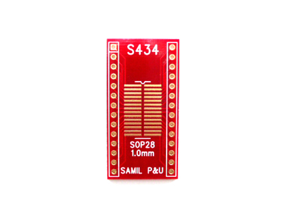 디바이스마트,커넥터/PCB > PCB기판/관련상품 > IC 변환기판 > SOP/TSOP,(주)삼일피엔유,[S434] SOP-1.0-28pin (600mil), Type : SOP ,Pitch : 1.0mm (600mil) ,Pin : 28 ,Hole : 2.54mm ,Size : 20*38 ,마무리 : 금도금  