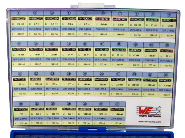 디바이스마트,RLC/수동소자 > 엔지니어 샘플키트 > 인덕터 키트 > 칩인덕터 키트,Wurth Electronics,SMD Wire Wound Ceramic Inductors (WE-KI 0805 Series)-37종 (20개입),WE-KI 0805 시리즈, RF 부품소자, 표면실장 (SMD) 권선형 인덕터,  2.2nH~1500nH 까지 37종 전스펙 각 20개씩 구성, 높은 공진 주파수와 훌륭한 Q 값을 제공, 동작온도 -40℃~+125℃