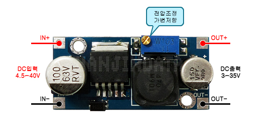 디바이스마트,전원/파워/배터리 > DC-DC 컨버터 모듈 > 강하형 모듈(외장) > 비절연 스위칭 모듈,한진데이타,전압강하형(Step Down) 가변 DCDC 모듈 (P0003-1),외장형 / 가변출력전압 / 가변방식 : 트리머 / 1ch 출력 / 강하형 15W 비절연 스위칭 컨버터 / 입력전압 : 4.5V~40V / 출력전압 : 3V~35V / 출력전류 : 2A / 변환효율 : 최대 92% / 입력단자 : 스루홀 / 출력단자 : 스루홀 / 패키지 : PCB
