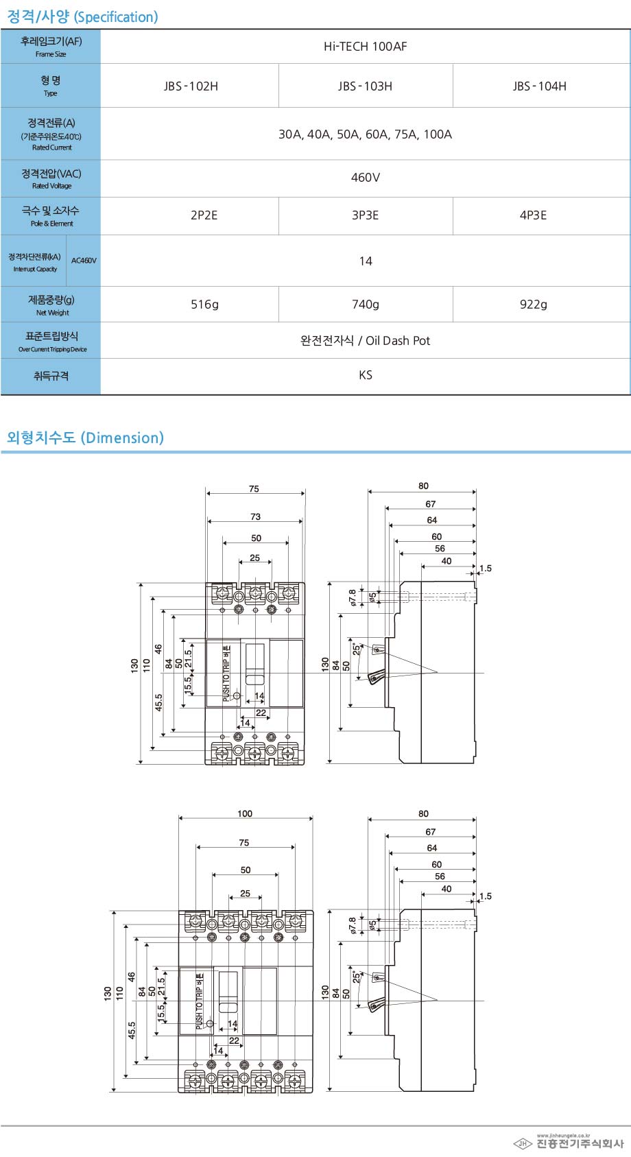 산업용 배선차단기 100AF 2P MCCB JBS-102H (75A) / 디바이스마트